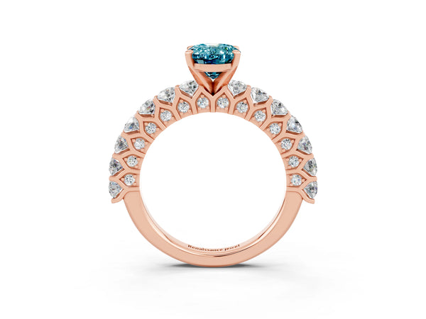 Rose gold Oval Cut Blue Topaz Solitaire Ring with Shared Prong Pavé Band and Four-Prong Setting