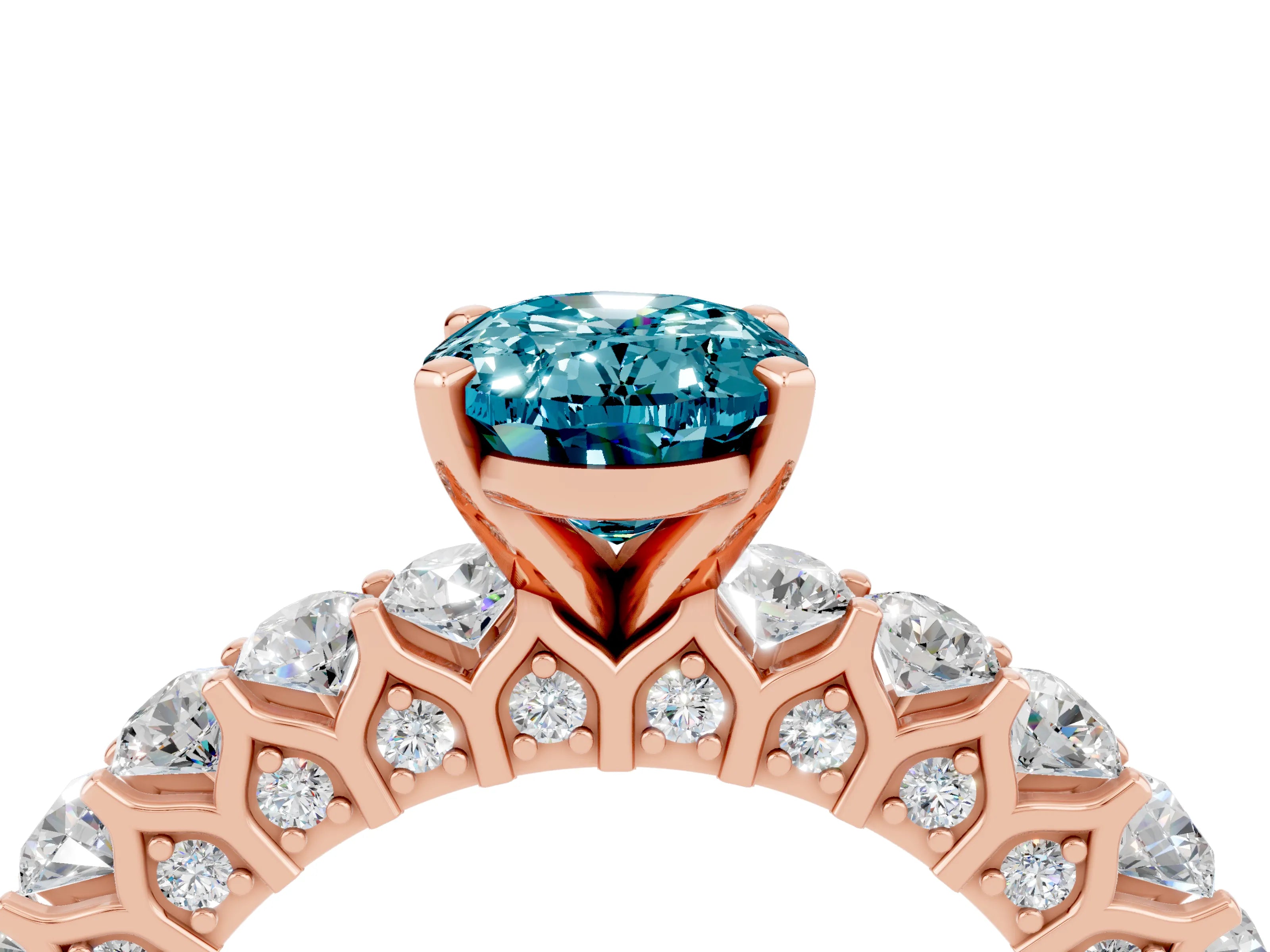 Rose gold Oval Cut Blue Topaz Solitaire Ring with Shared Prong Pavé Band and Four-Prong Setting_4