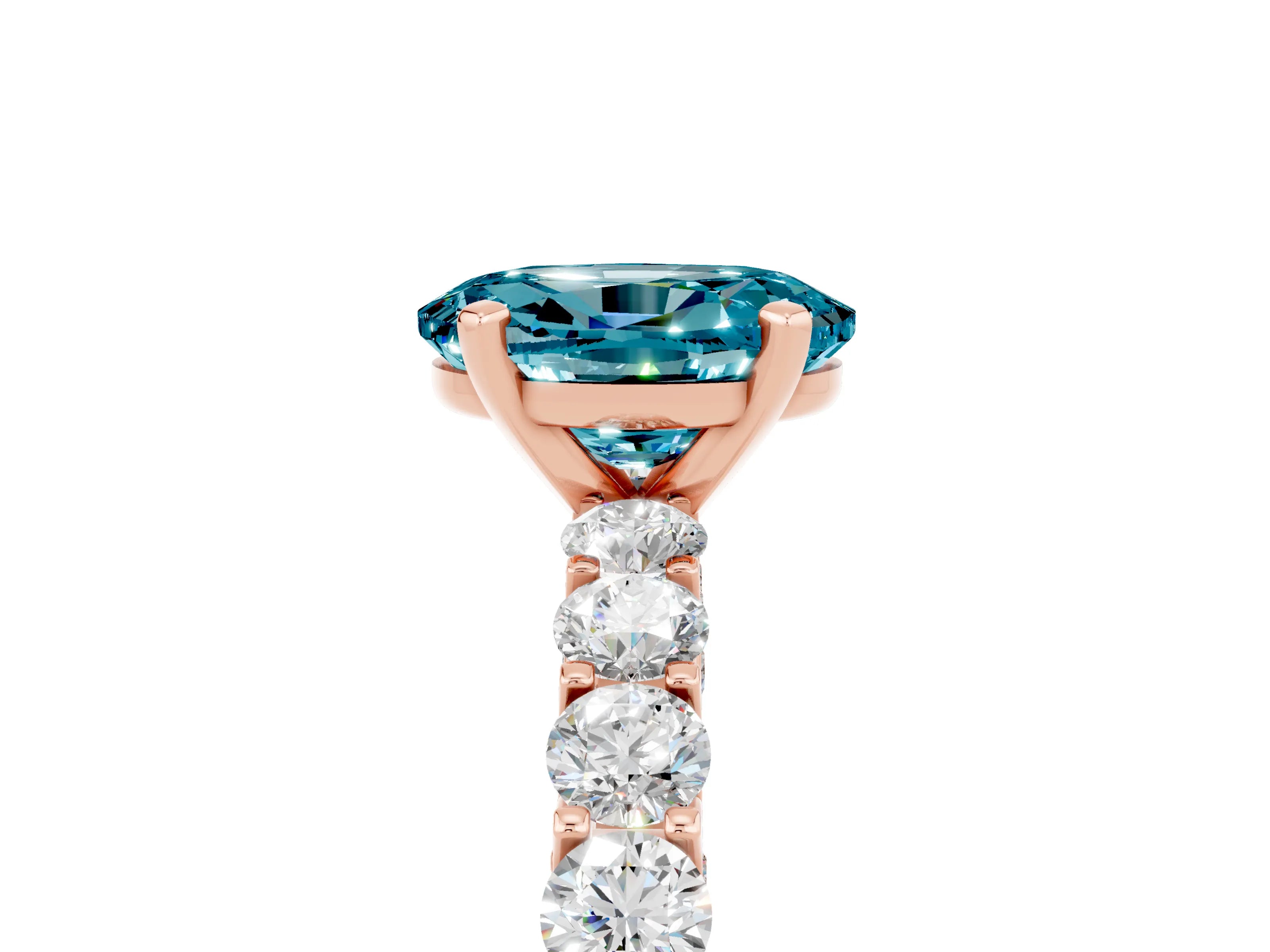 Rose gold Oval Cut Blue Topaz Solitaire Ring with Shared Prong Pavé Band and Four-Prong Setting_5