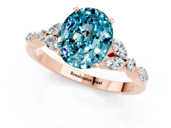Rose gold Oval Cut Blue Topaz Solitaire Ring with Side Stones and Four-Prong Setting