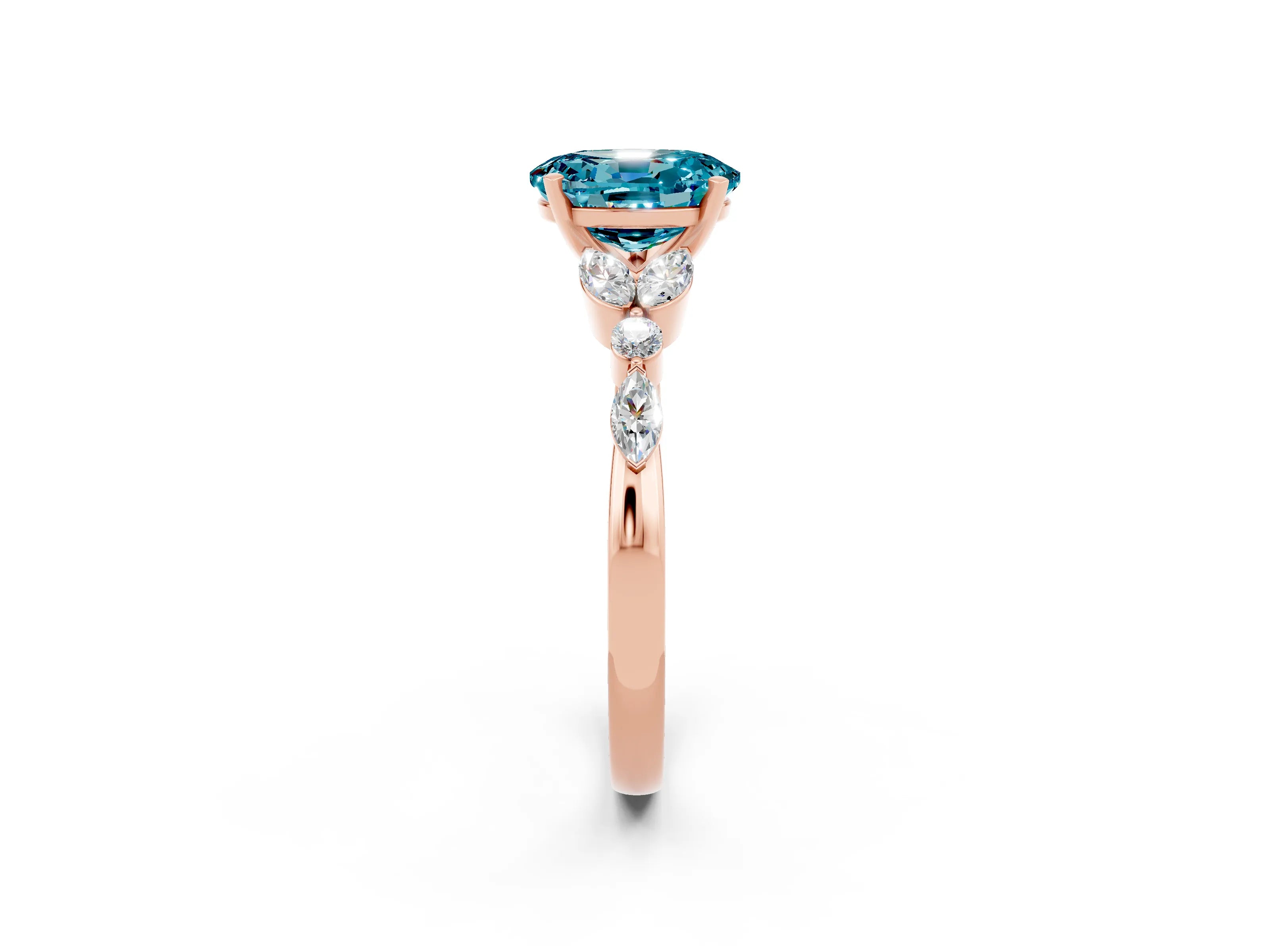 Rose gold Oval Cut Blue Topaz Solitaire Ring with Side Stones and Four-Prong Setting_14