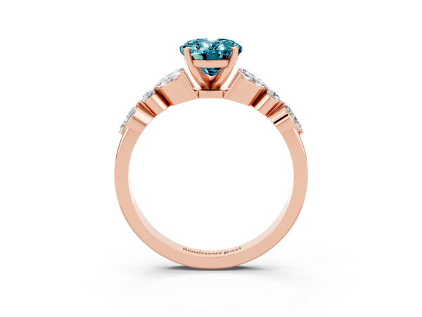 Rose gold Oval Cut Blue Topaz Solitaire Ring with Side Stones and Four-Prong Setting