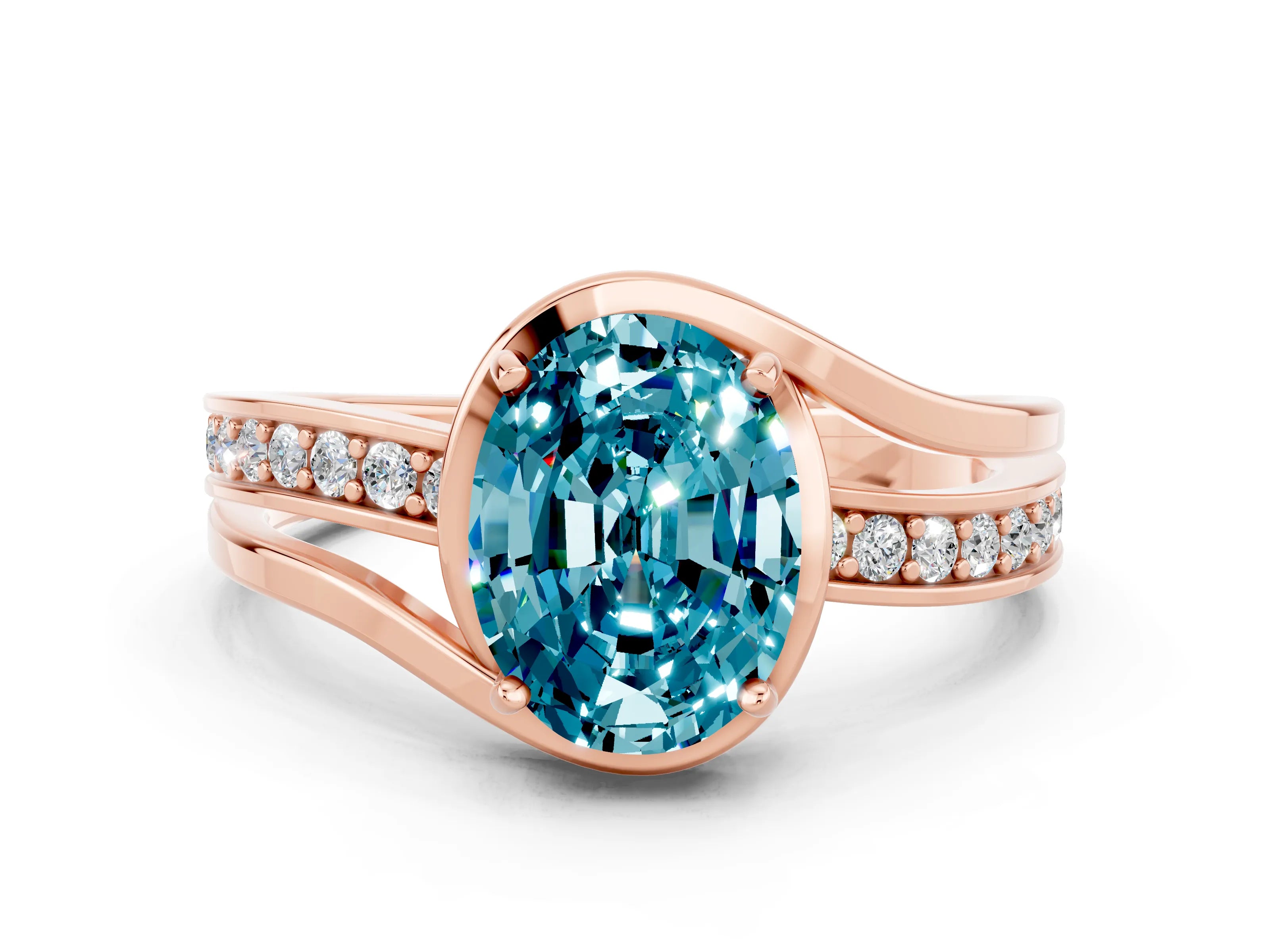 Rose gold Oval Cut Blue Topaz Solitaire Ring with Split Shank and Prong Setting
