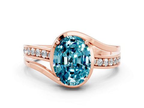 Rose gold Oval Cut Blue Topaz Solitaire Ring with Split Shank and Prong Setting