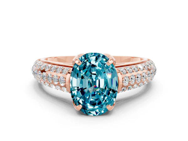 Rose gold Oval Cut Blue Topaz Solitaire Ring with Three-Row Pavé Band and Four-Prong Setting