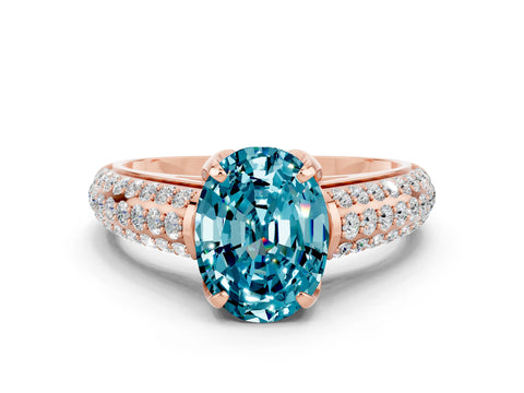 Rose gold Oval Cut Blue Topaz Solitaire Ring with Three-Row Pavé Band and Four-Prong Setting_12
