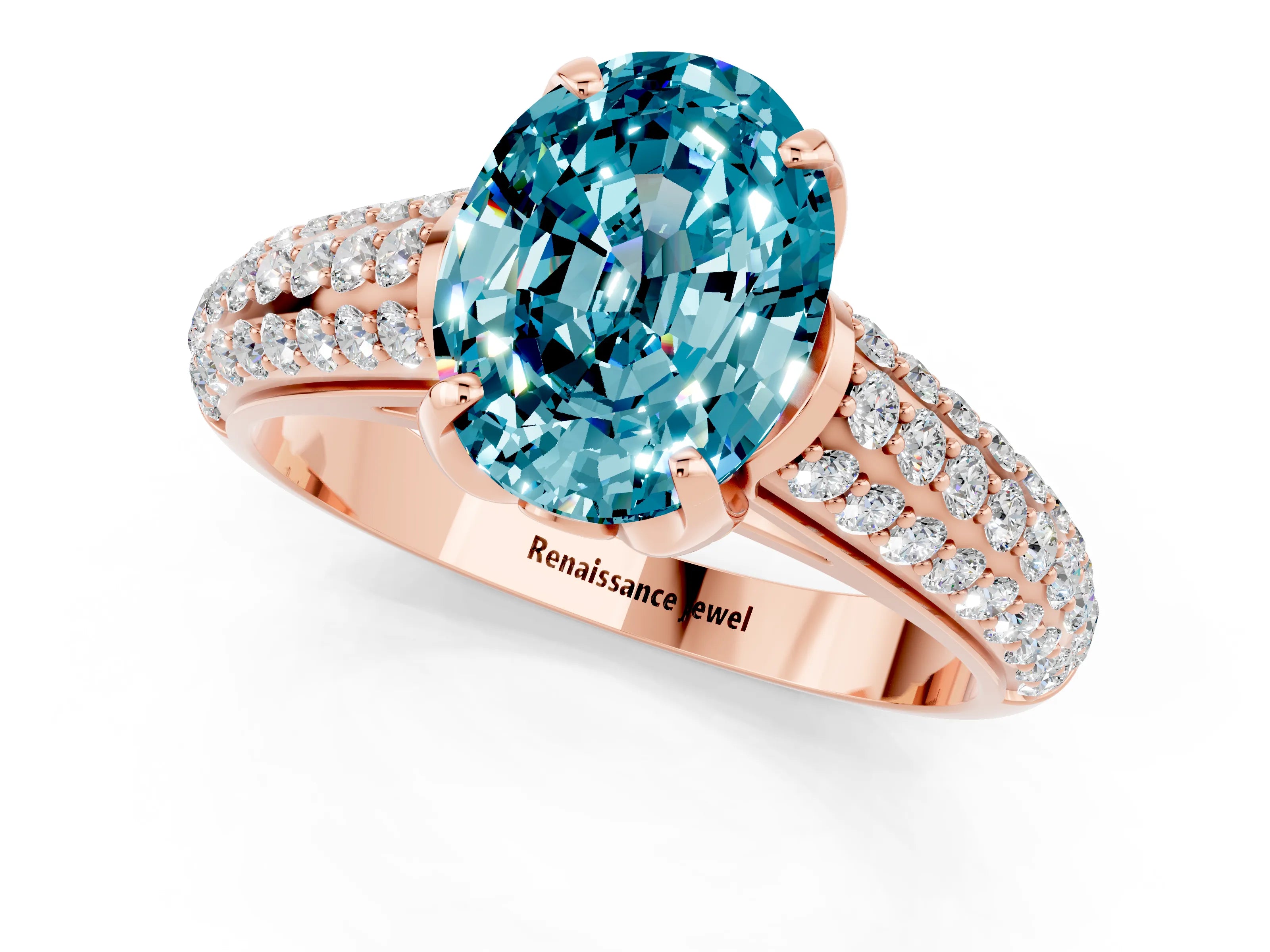 Rose gold Oval Cut Blue Topaz Solitaire Ring with Three-Row Pavé Band and Four-Prong Setting_13