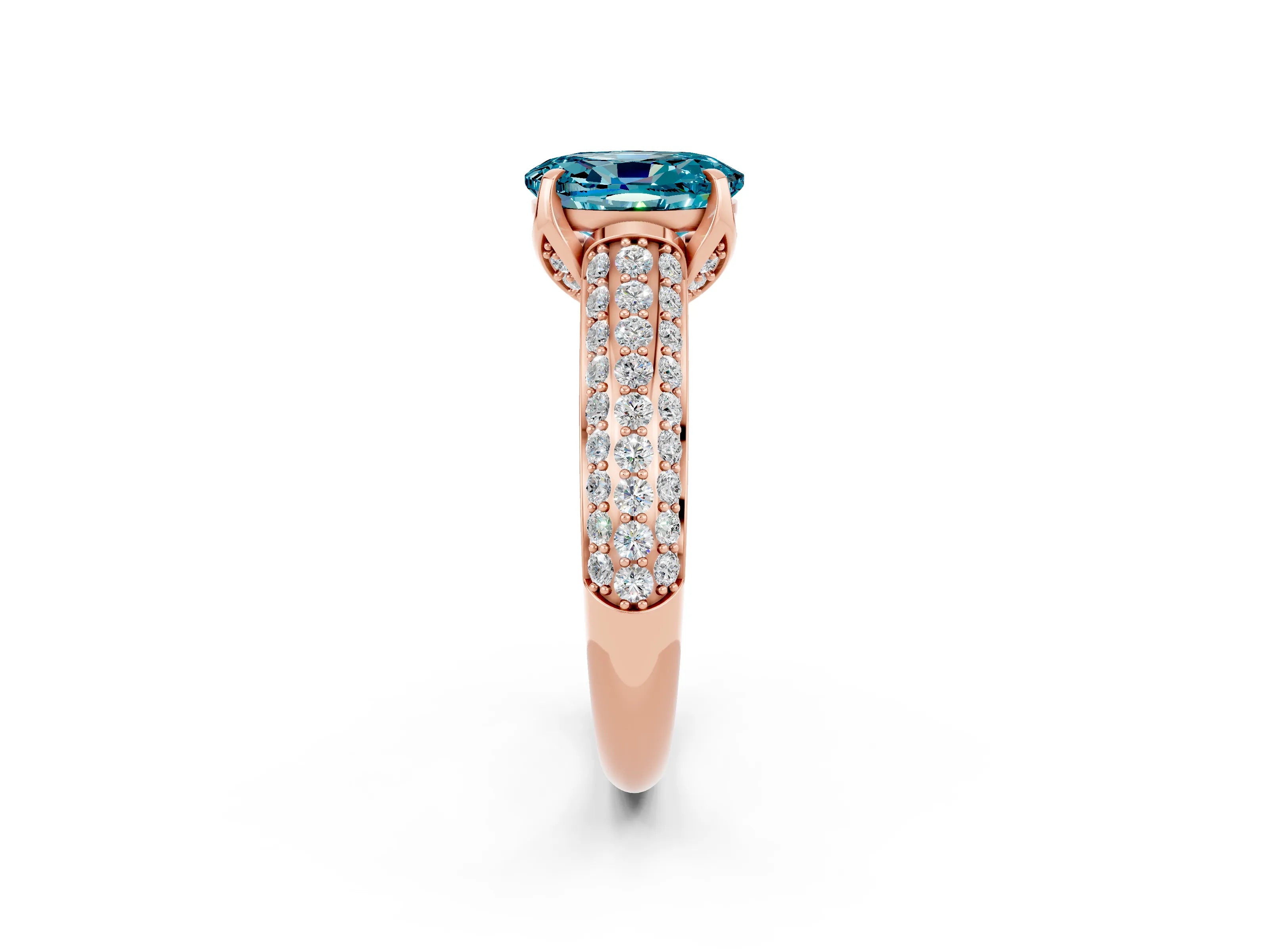 Rose gold Oval Cut Blue Topaz Solitaire Ring with Three-Row Pavé Band and Four-Prong Setting_14