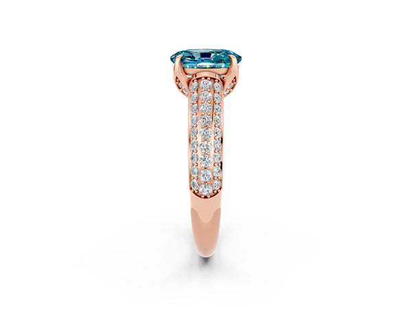 Rose gold Oval Cut Blue Topaz Solitaire Ring with Three-Row Pavé Band and Four-Prong Setting