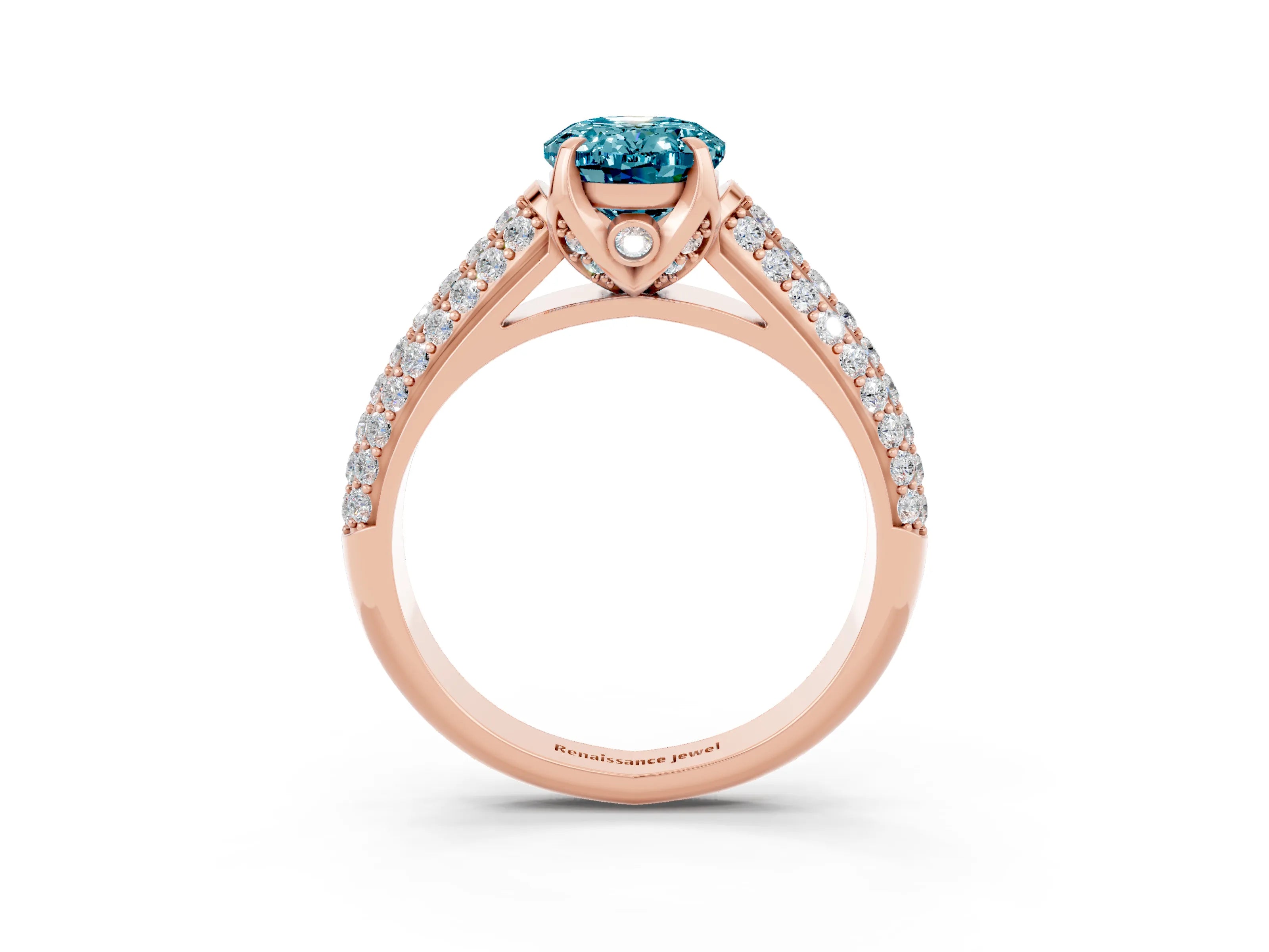 Rose gold Oval Cut Blue Topaz Solitaire Ring with Three-Row Pavé Band and Four-Prong Setting_15