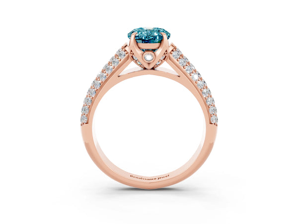 Rose gold Oval Cut Blue Topaz Solitaire Ring with Three-Row Pavé Band and Four-Prong Setting
