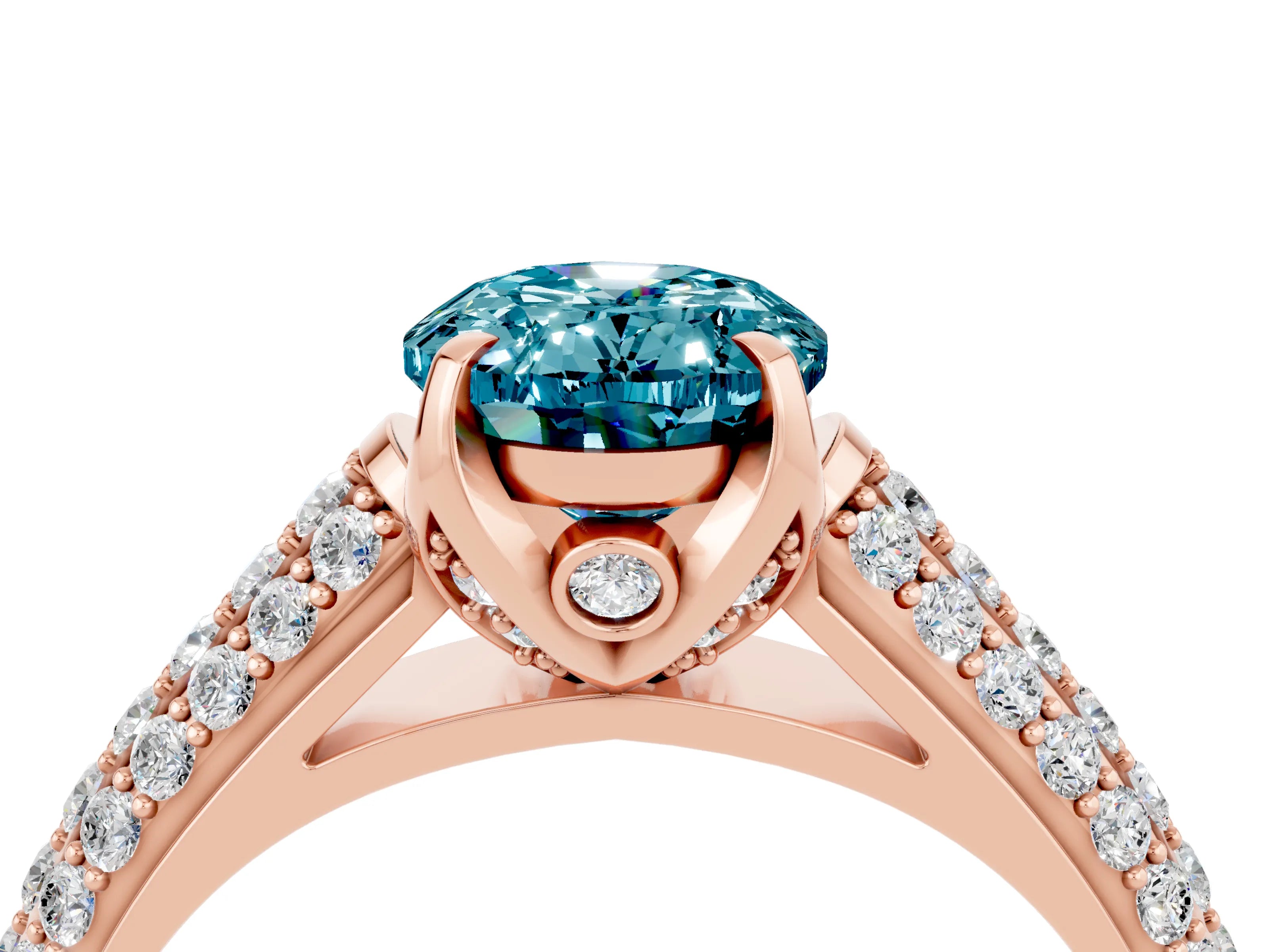 Rose gold Oval Cut Blue Topaz Solitaire Ring with Three-Row Pavé Band and Four-Prong Setting_16