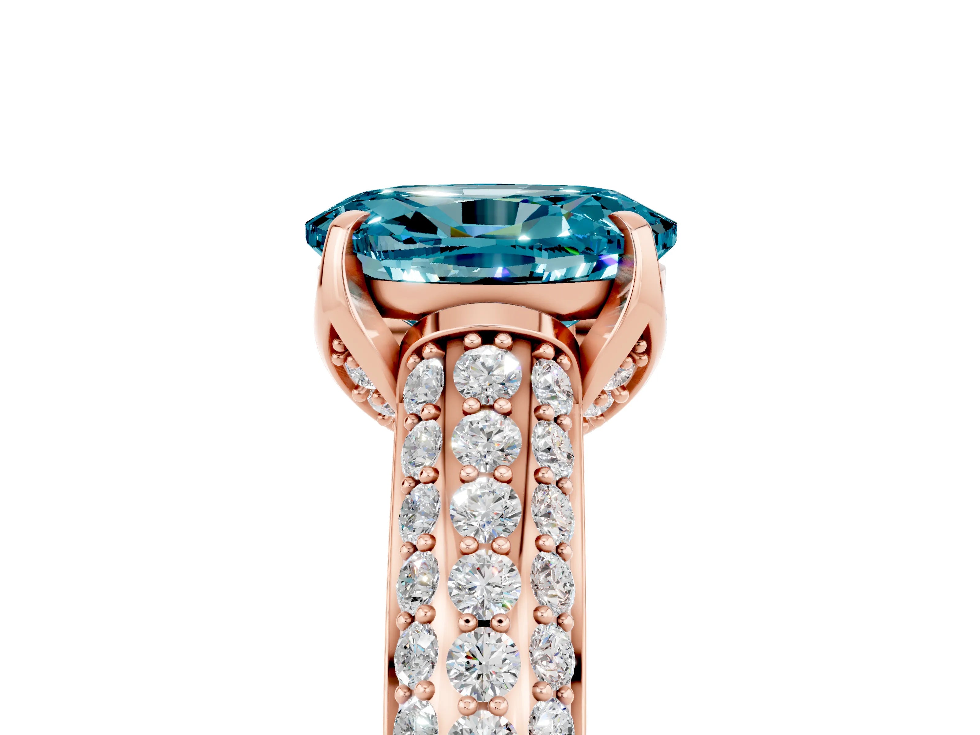 Rose gold Oval Cut Blue Topaz Solitaire Ring with Three-Row Pavé Band and Four-Prong Setting_17