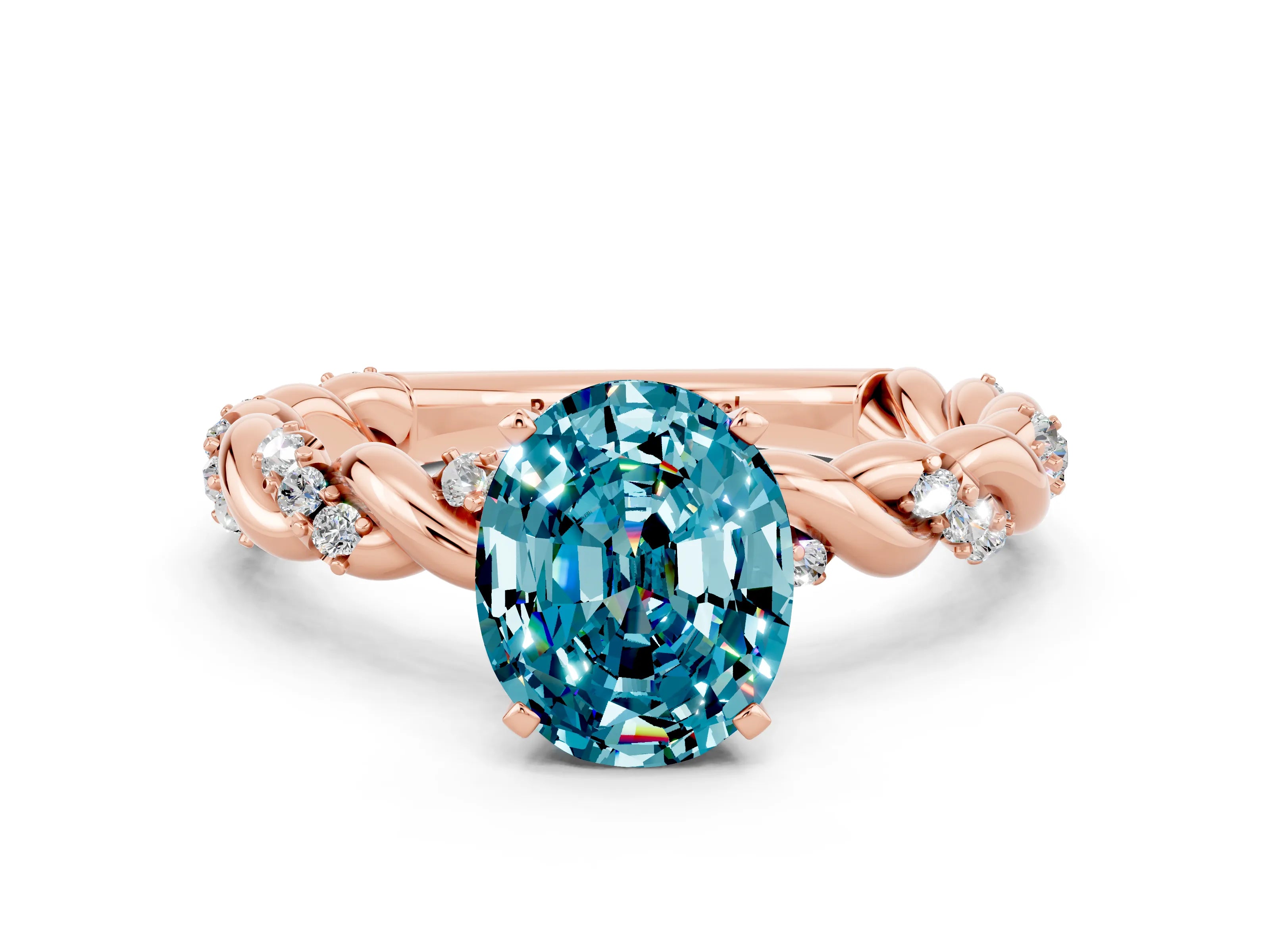 Rose gold Oval Cut Blue Topaz Solitaire Ring with Twisted Band and Pavé Accents