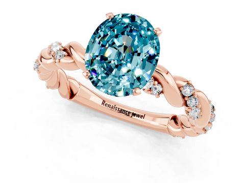 Rose gold Oval Cut Blue Topaz Solitaire Ring with Twisted Band and Pavé Accents_1