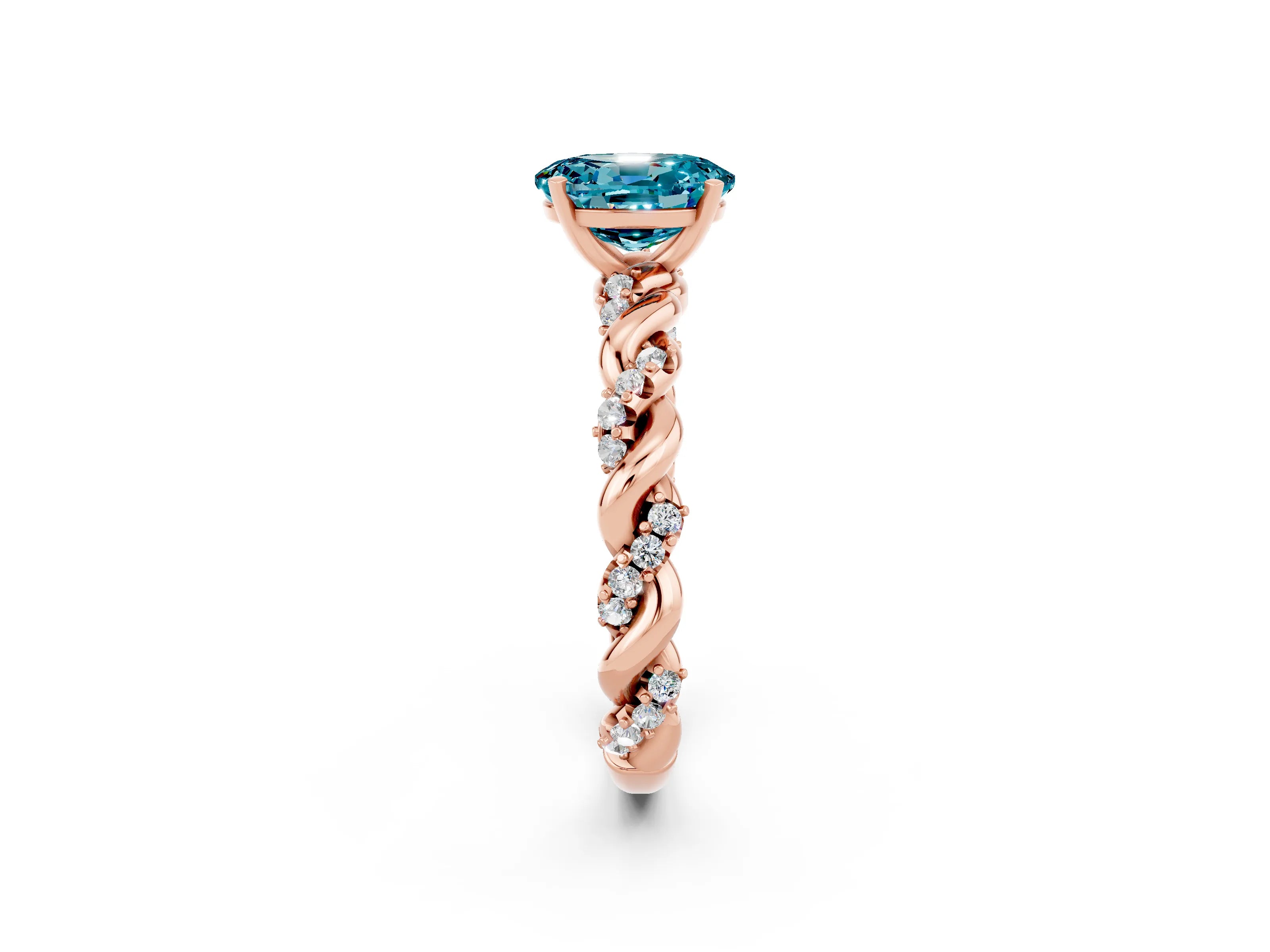 Rose gold Oval Cut Blue Topaz Solitaire Ring with Twisted Band and Pavé Accents_2