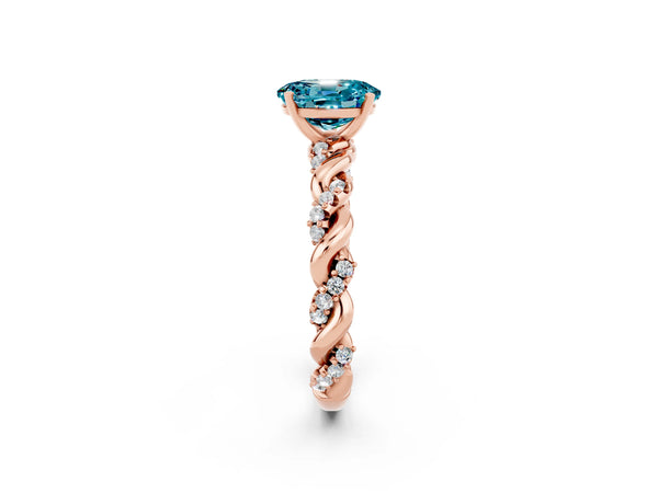 Rose gold Oval Cut Blue Topaz Solitaire Ring with Twisted Band and Pavé Accents