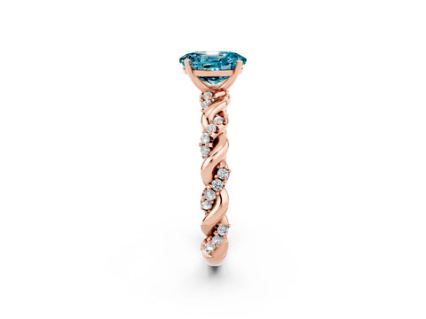 Rose gold Oval Cut Blue Topaz Solitaire Ring with Twisted Band and Pavé Accents_2