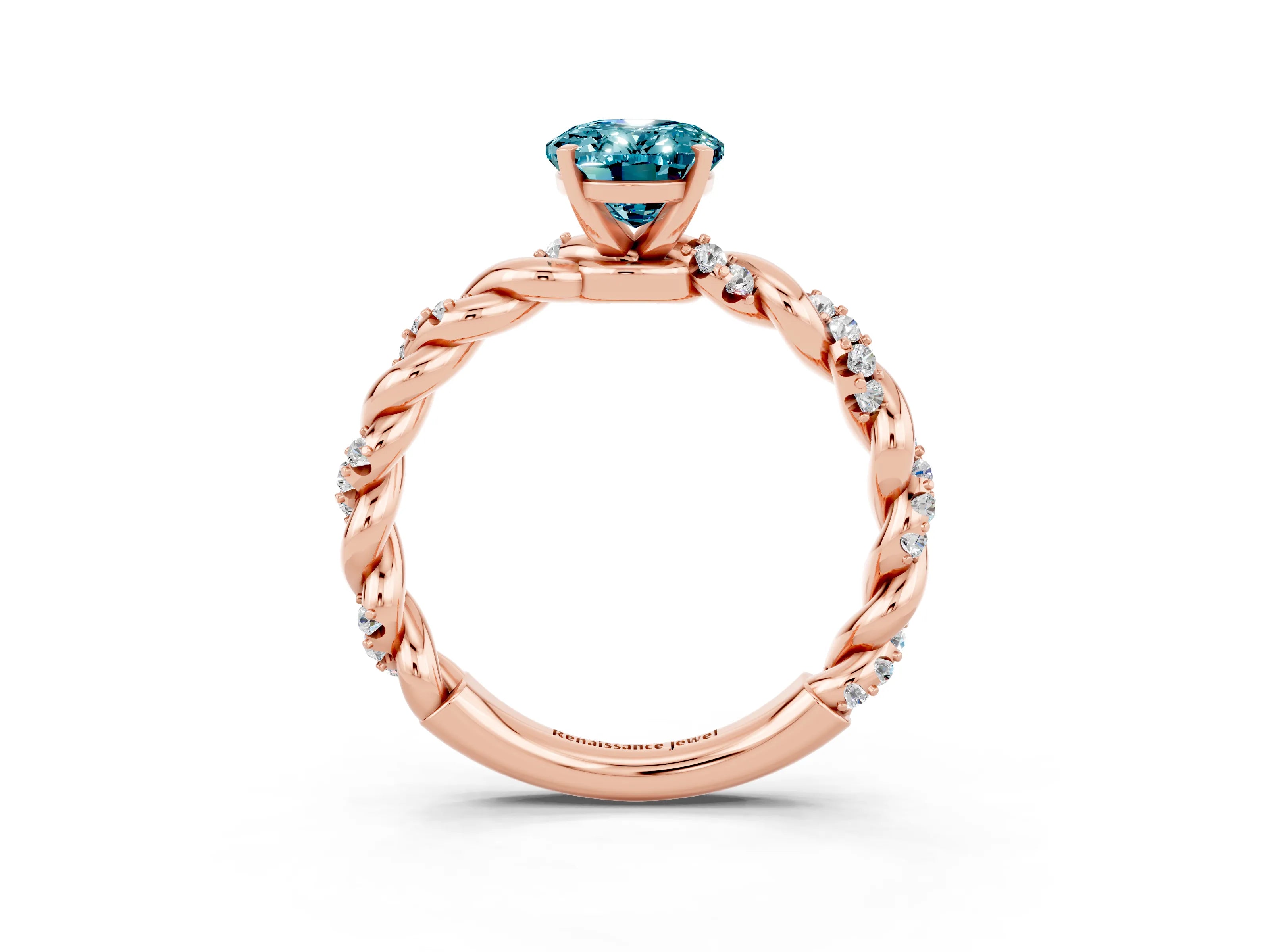 Rose gold Oval Cut Blue Topaz Solitaire Ring with Twisted Band and Pavé Accents_3