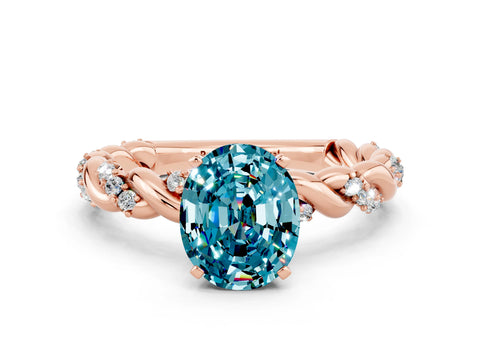 Rose gold Oval Cut Blue Topaz Solitaire Ring with Twisted Band and Pavé Accents