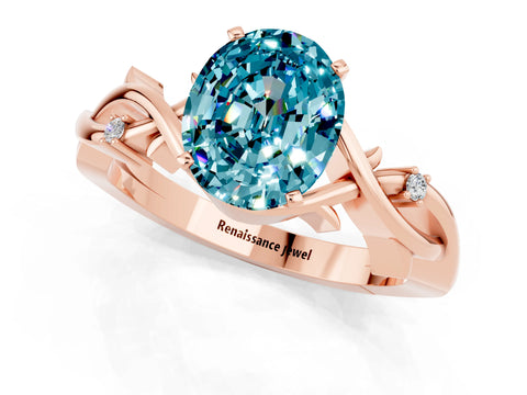 Rose gold Oval Cut Blue Topaz Solitaire Ring with Twisted Band and Prong Setting_1