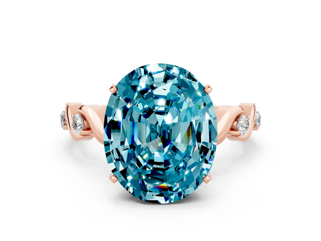 Rose gold Oval Cut Blue Topaz Solitaire Twisted Band with Round  Accents and Prong Setting_12