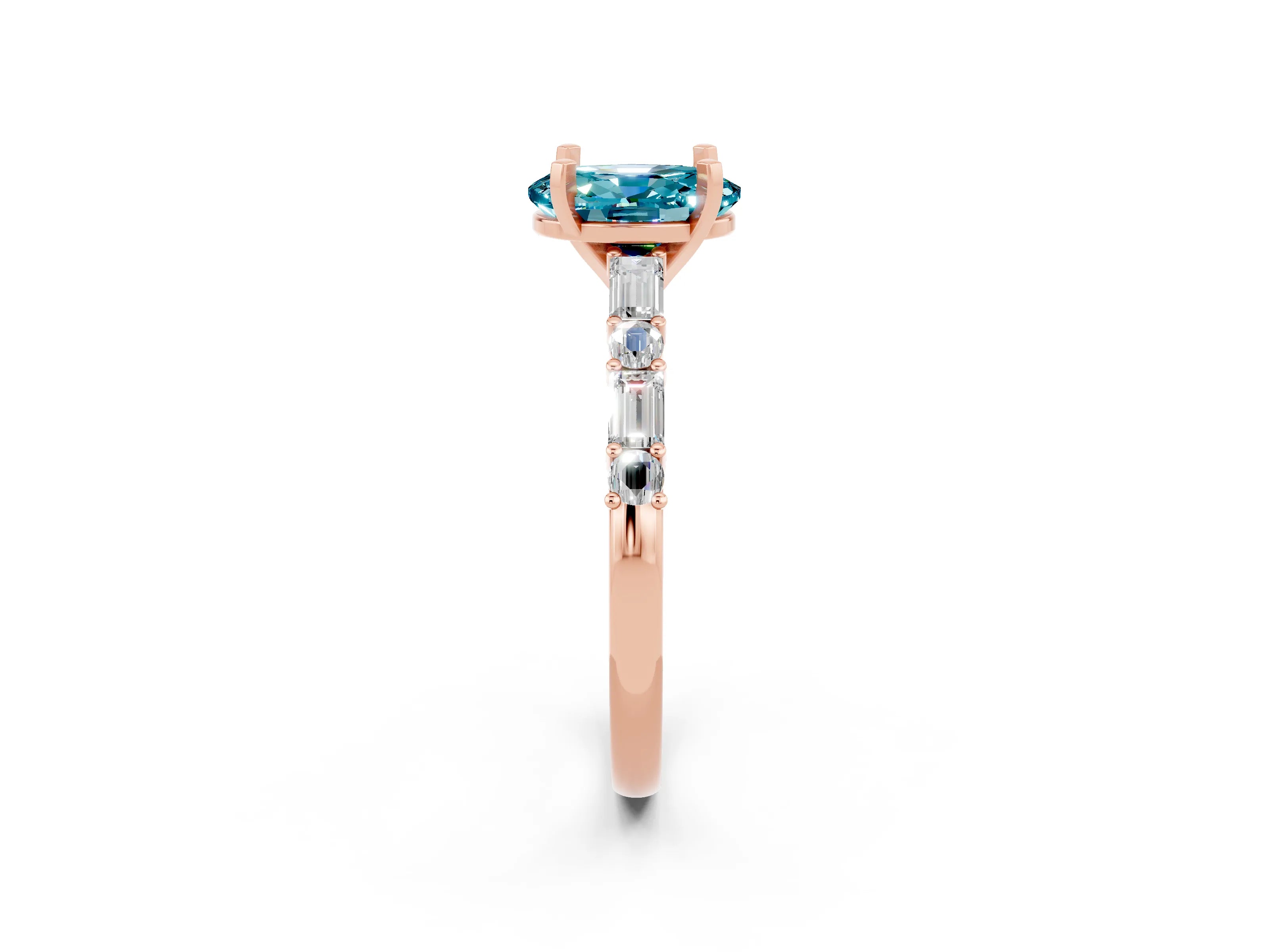 Rose gold Oval Cut Blue Topaz Solitaire with Side Baguettes and Channel Set Band_2