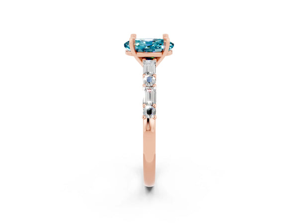 Rose gold Oval Cut Blue Topaz Solitaire with Side Baguettes and Channel Set Band