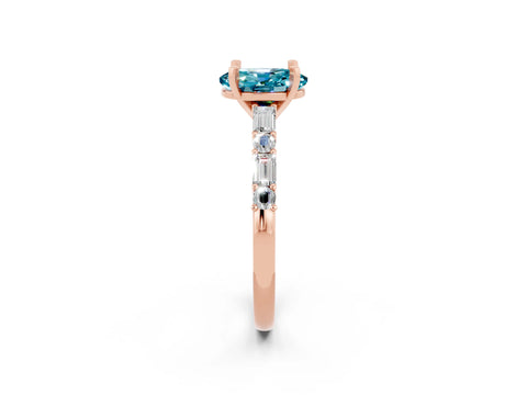 Rose gold Oval Cut Blue Topaz Solitaire with Side Baguettes and Channel Set Band_2