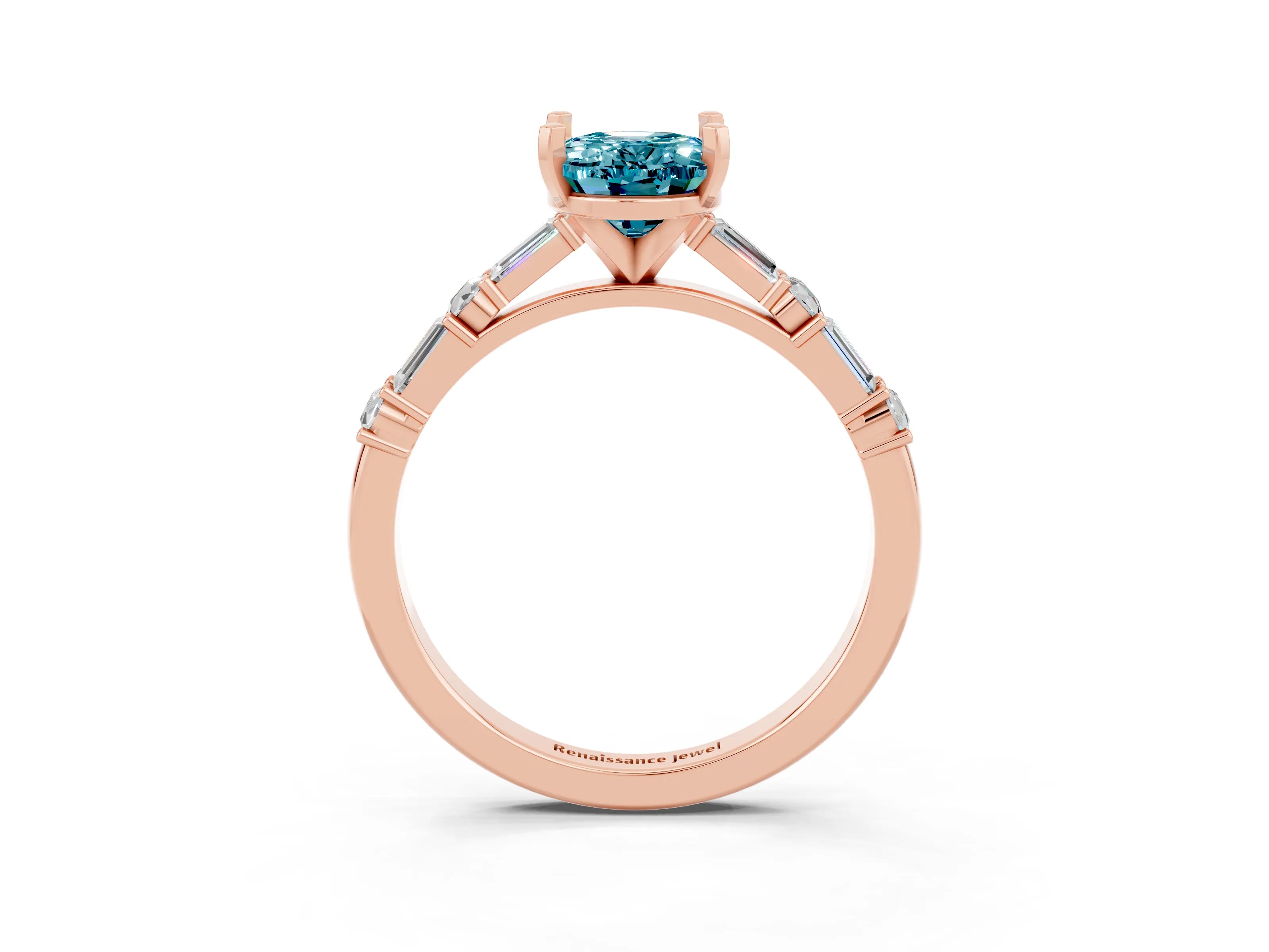 Rose gold Oval Cut Blue Topaz Solitaire with Side Baguettes and Channel Set Band_3