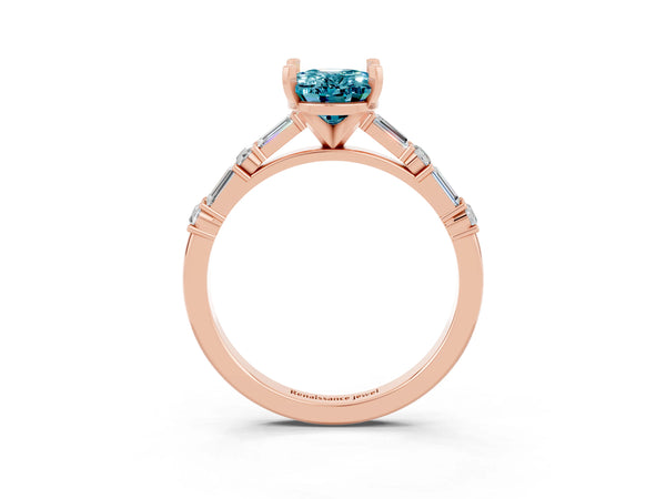 Rose gold Oval Cut Blue Topaz Solitaire with Side Baguettes and Channel Set Band