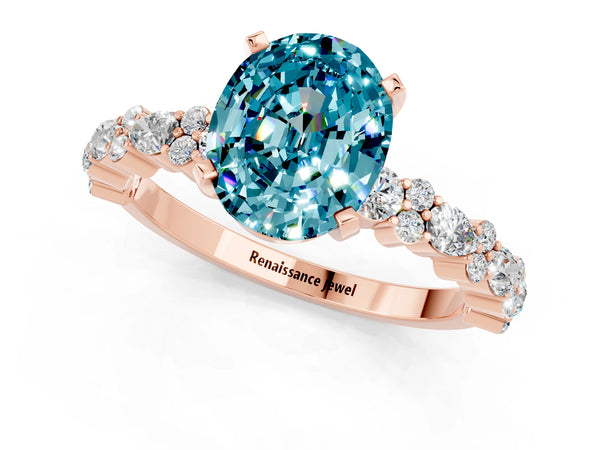 Rose gold Oval Cut Blue Topaz Side Stone Solitaire Ring with Round  and Four-Prong Setting