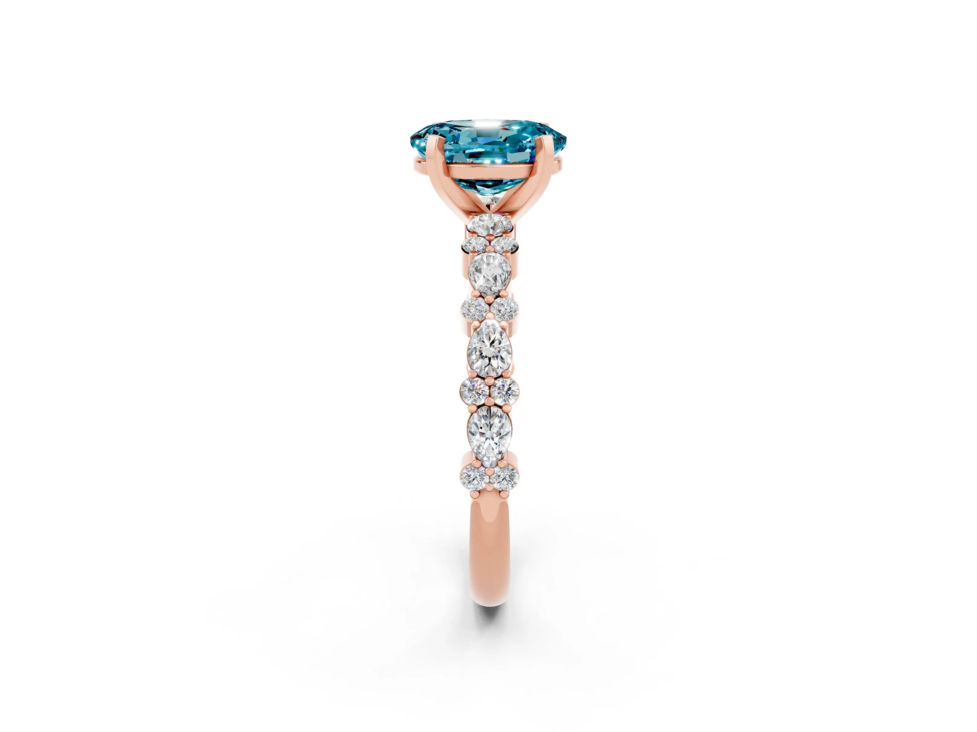 Rose gold Oval Cut Blue Topaz Solitaire with Side Stones, Pave Band, Four-Prong Setting_26