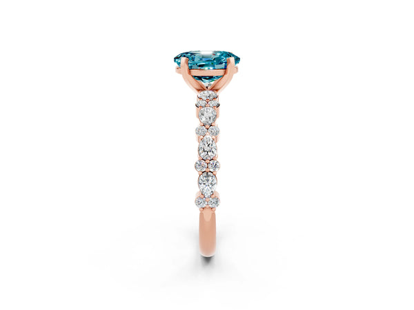 Rose gold Oval Cut Blue Topaz Side Stone Solitaire Ring with Round  and Four-Prong Setting
