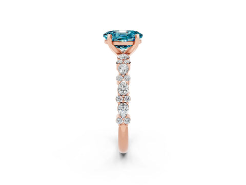 Rose gold Oval Cut Blue Topaz Solitaire with Side Stones, Pave Band, Four-Prong Setting_26