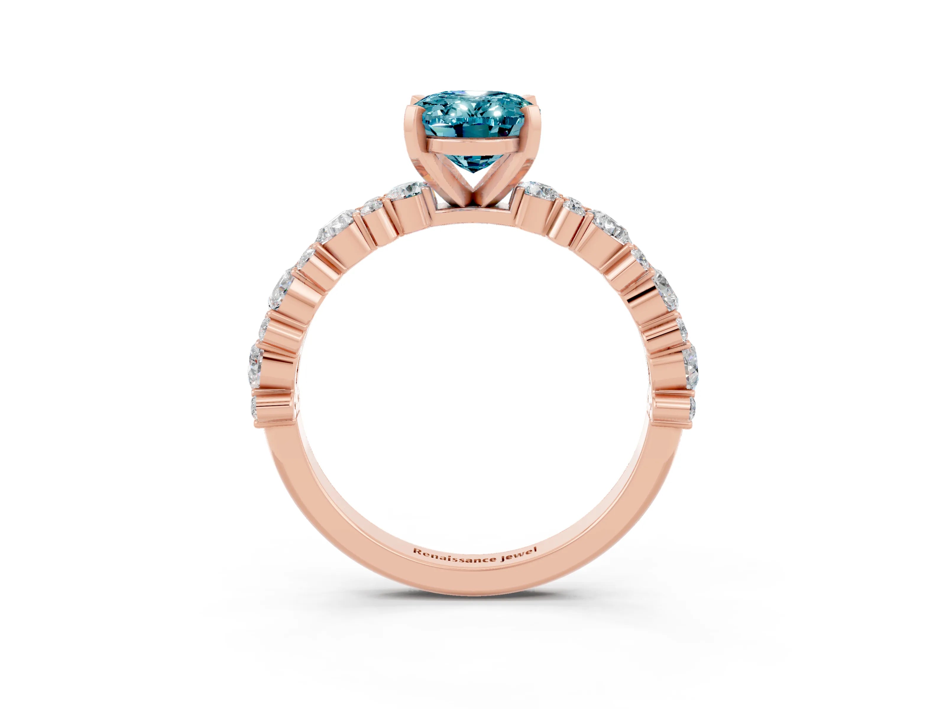 Rose gold Oval Cut Blue Topaz Solitaire with Side Stones, Pave Band, Four-Prong Setting_27