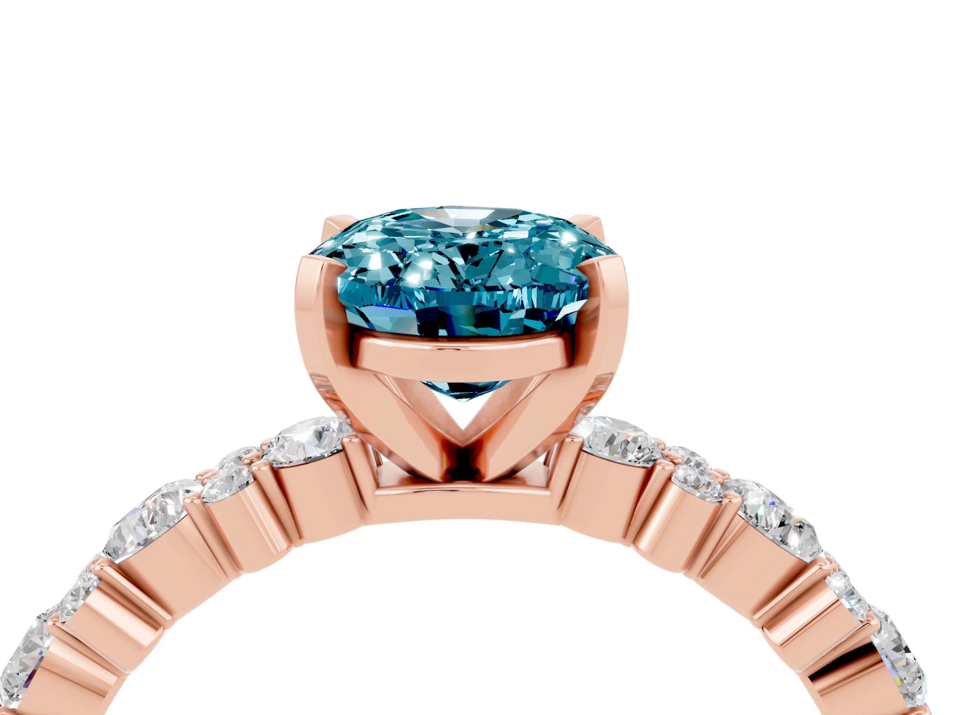 Rose gold Oval Cut Blue Topaz Solitaire with Side Stones, Pave Band, Four-Prong Setting_28