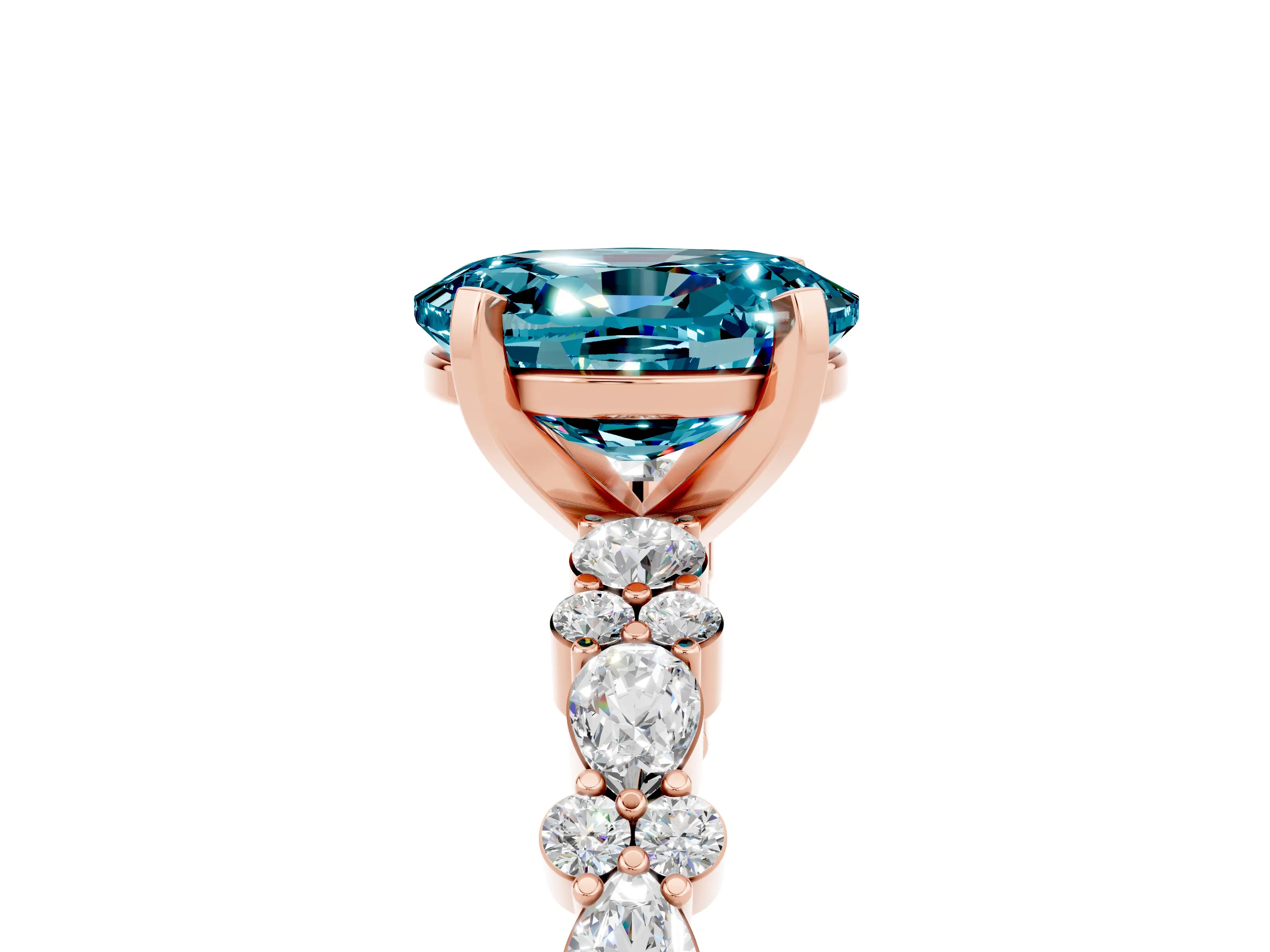 Rose gold Oval Cut Blue Topaz Solitaire with Side Stones, Pave Band, Four-Prong Setting_29