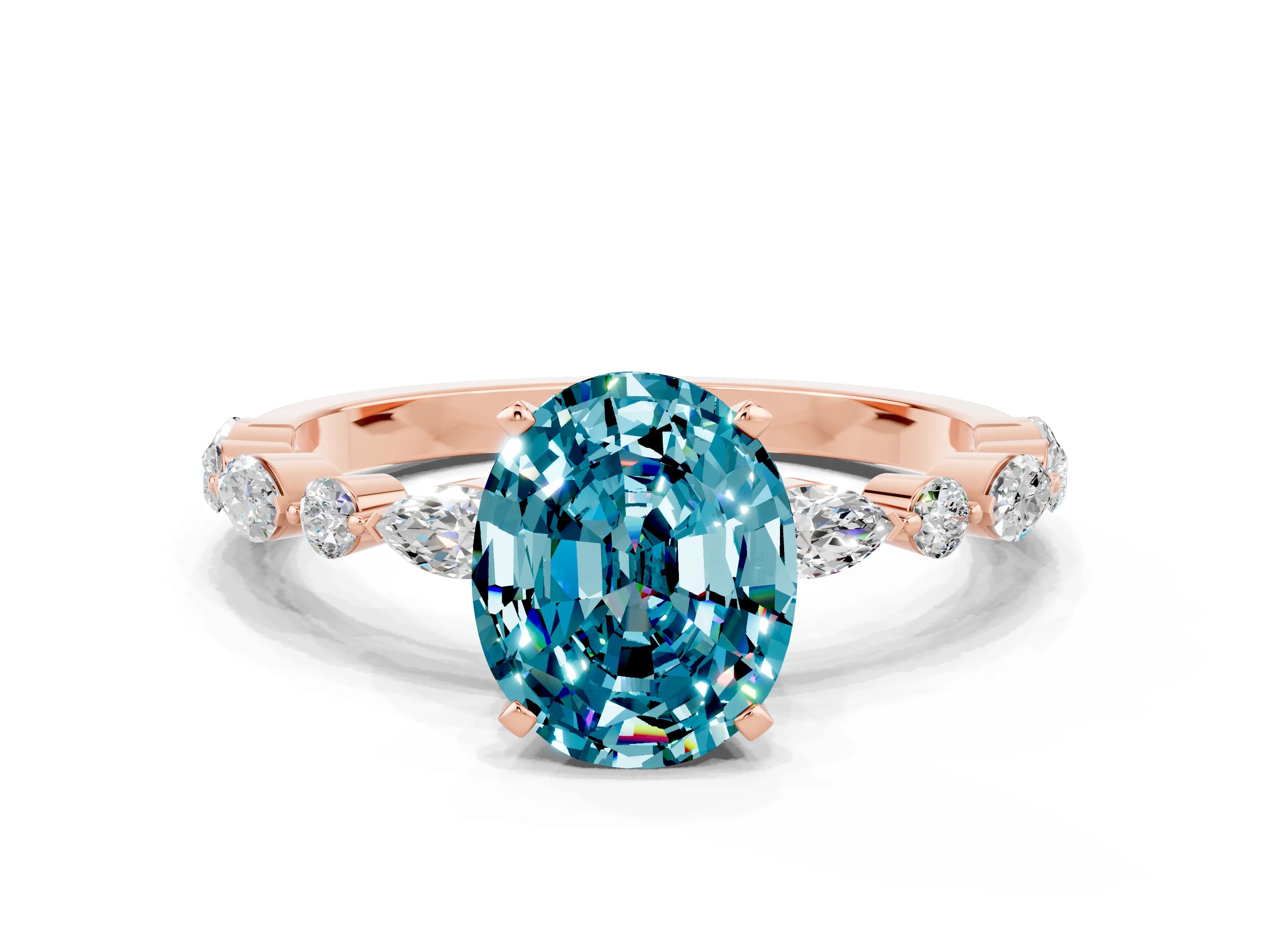 Rose gold Oval Cut Blue Topaz Solitaire with Side Stones on a Pavé Band and Four-Prong Setting