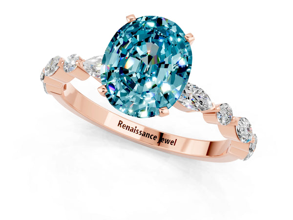Rose gold Oval Cut Blue Topaz Ring with Marquise and Round  Side Stones and Four-Prong Setting