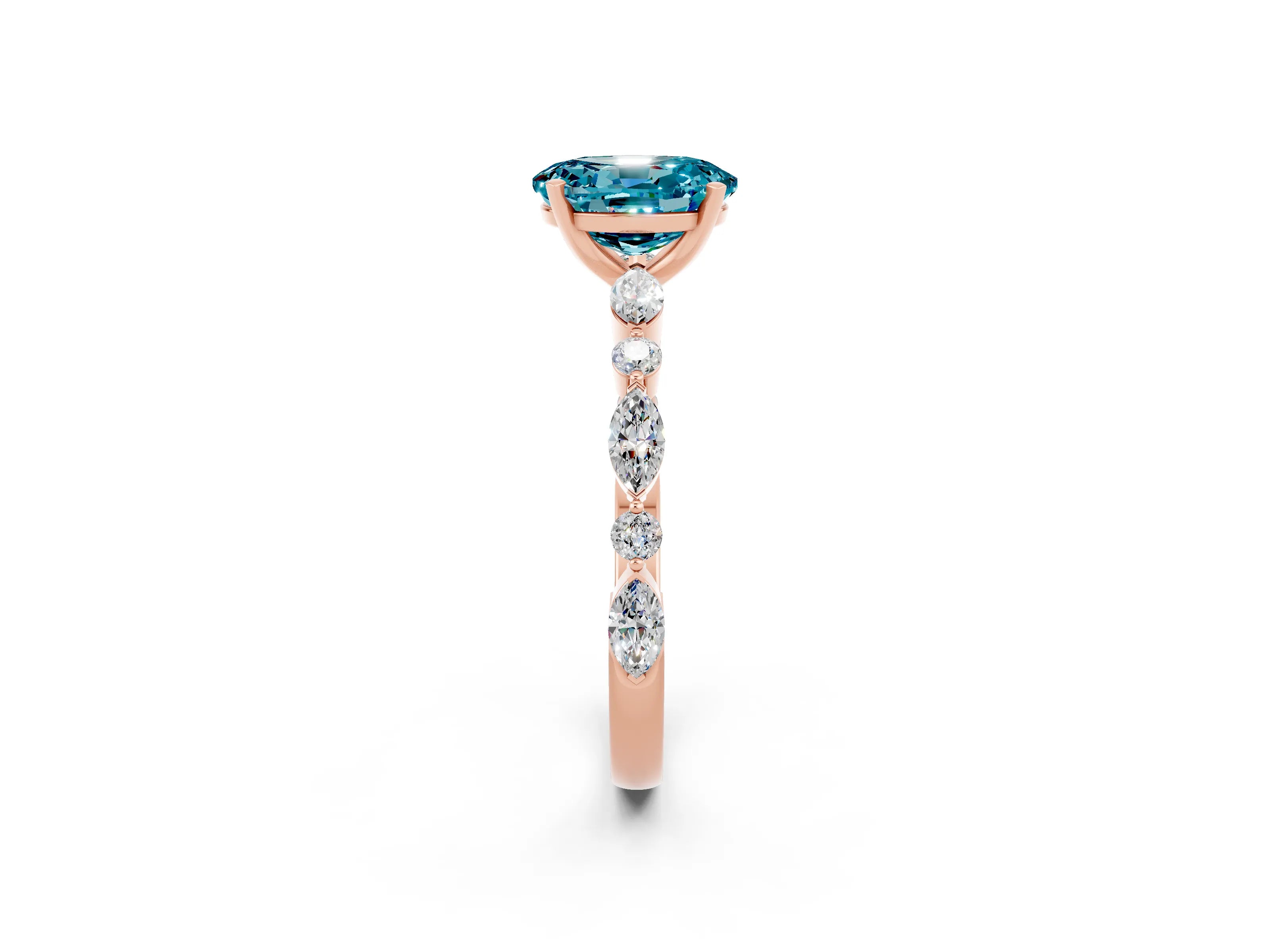 Rose gold Oval Cut Blue Topaz Solitaire with Side Stones on a Pavé Band and Four-Prong Setting_2
