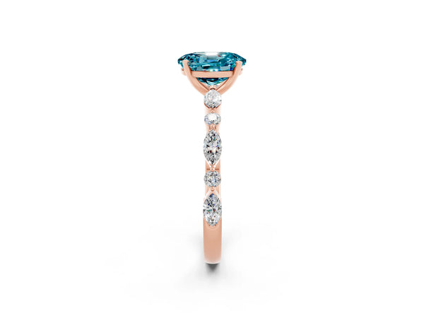 Rose gold Oval Cut Blue Topaz Ring with Marquise and Round  Side Stones and Four-Prong Setting