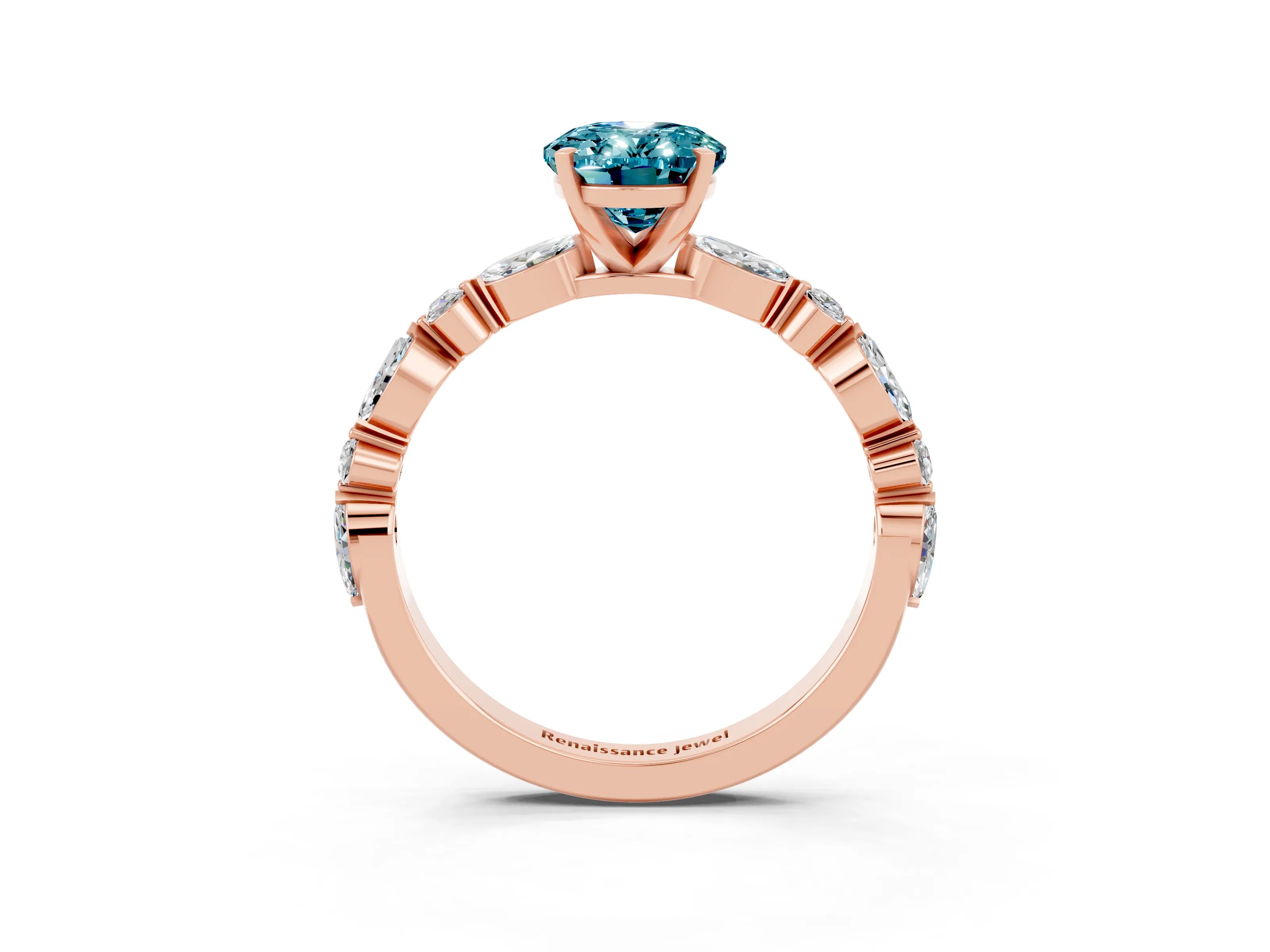 Rose gold Oval Cut Blue Topaz Solitaire with Side Stones on a Pavé Band and Four-Prong Setting_3