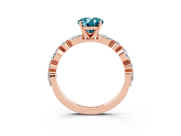 Rose gold Oval Cut Blue Topaz Ring with Marquise and Round  Side Stones and Four-Prong Setting
