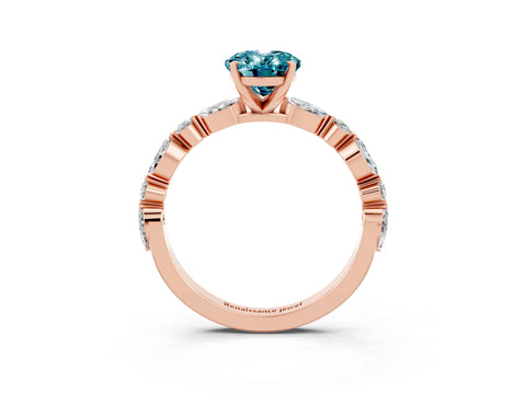 Rose gold Oval Cut Blue Topaz Solitaire with Side Stones on a Pavé Band and Four-Prong Setting_3