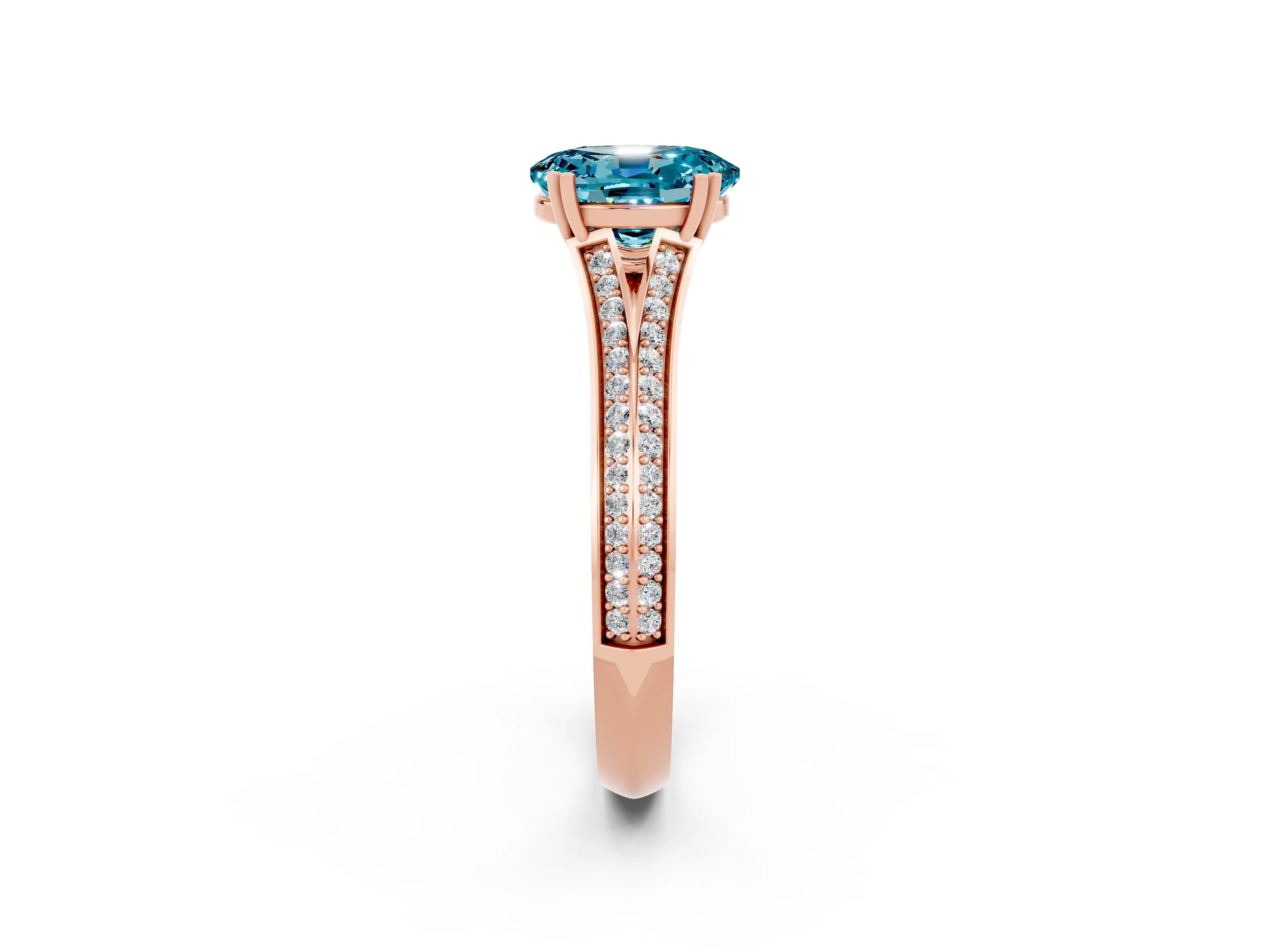 Rose gold Oval Cut Blue Topaz Split Shank Engagement Ring with Pavé Band_2