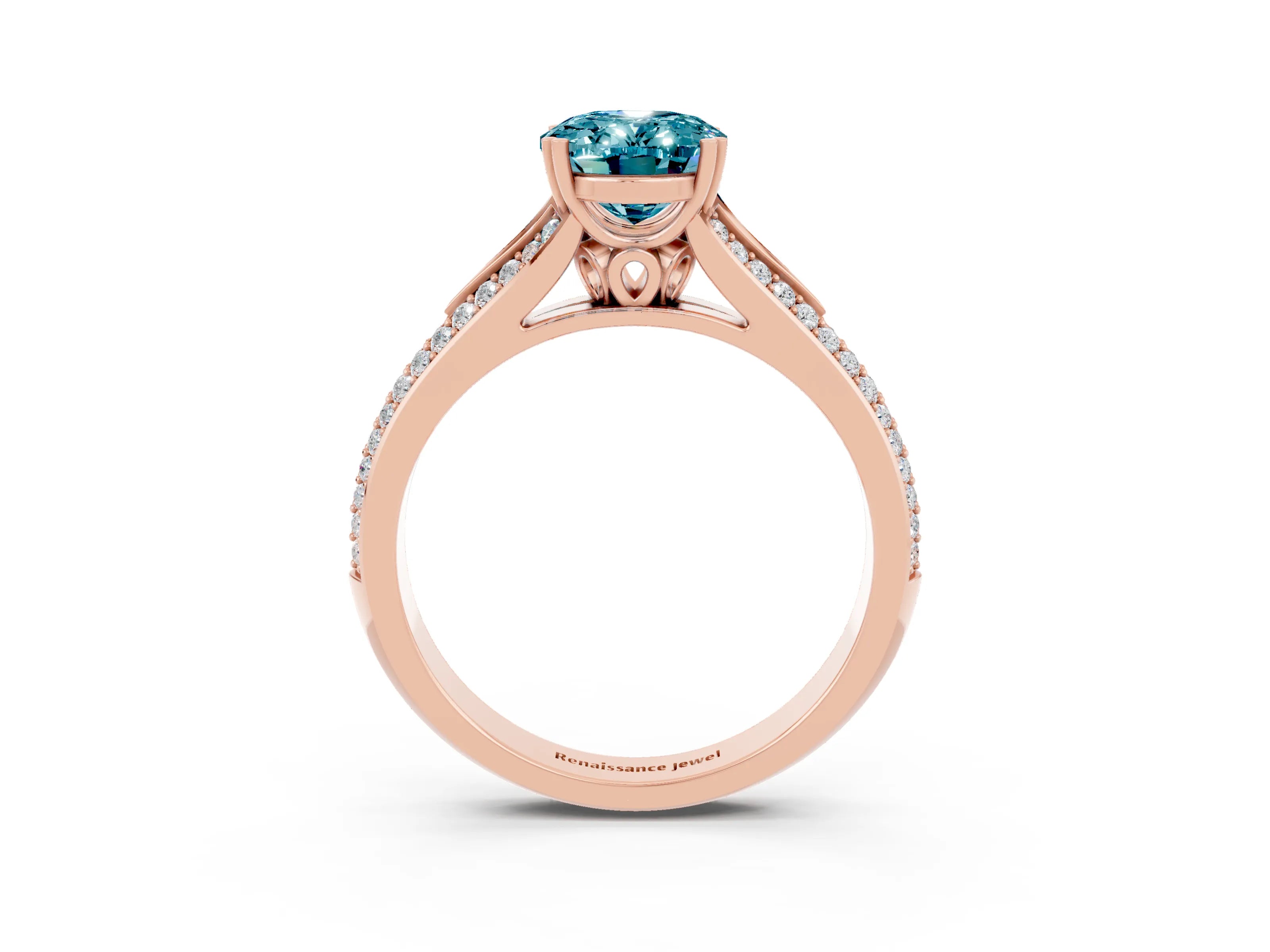 Rose gold Oval Cut Blue Topaz Split Shank Engagement Ring with Pavé Band_3