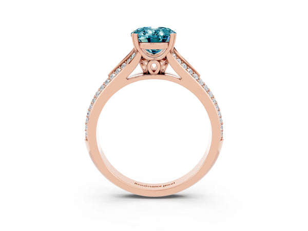 Rose gold Oval Cut Blue Topaz Split Shank Engagement Ring with Pavé Band
