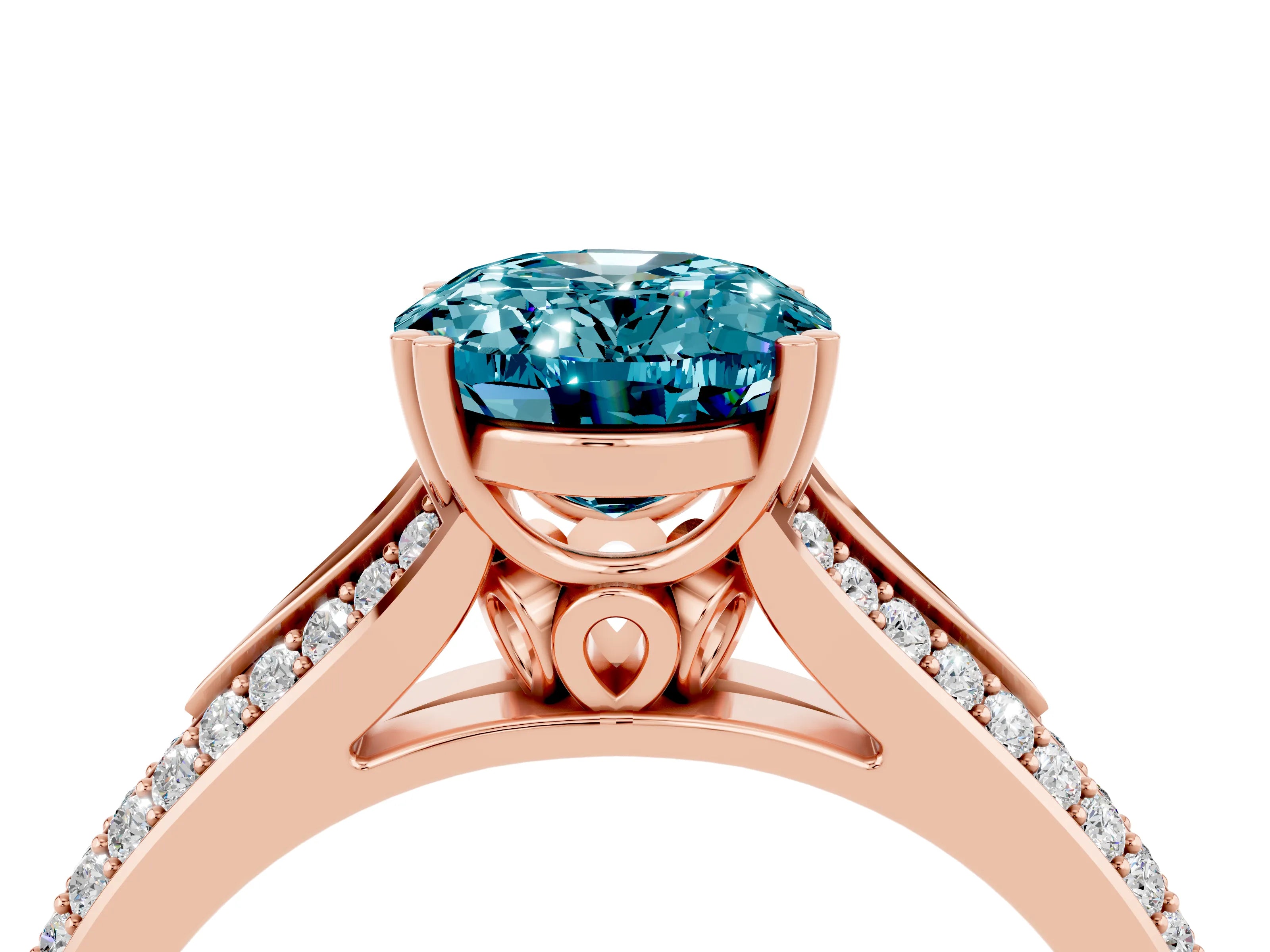 Rose gold Oval Cut Blue Topaz Split Shank Engagement Ring with Pavé Band_4