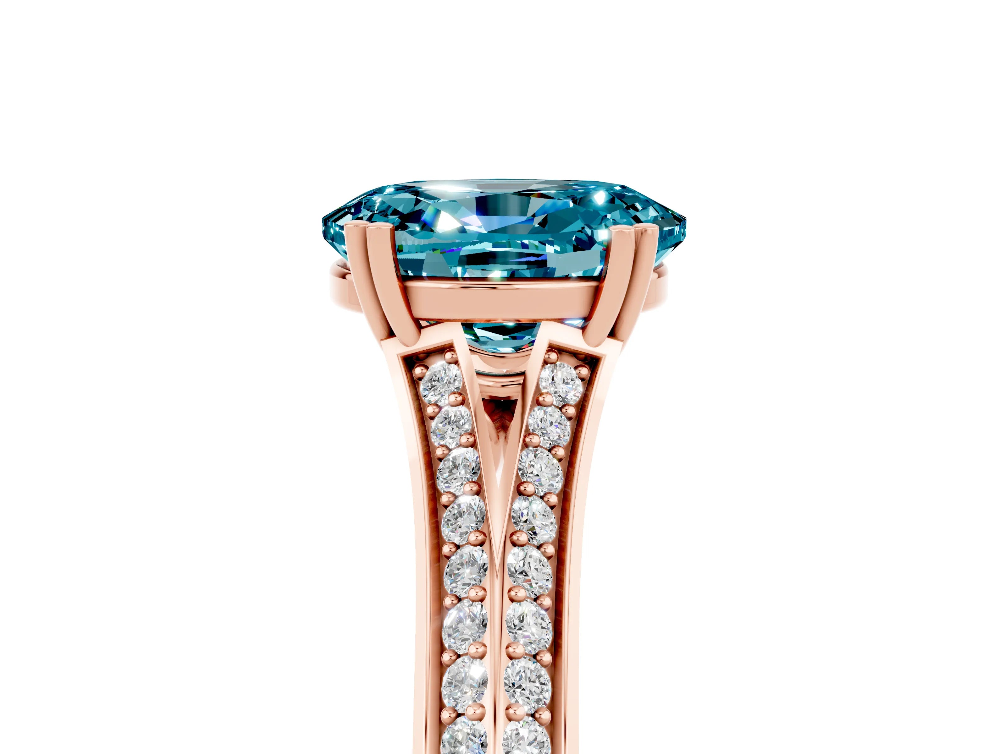 Rose gold Oval Cut Blue Topaz Split Shank Engagement Ring with Pavé Band_5